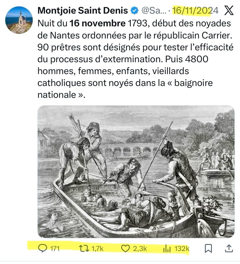 SaintMontjoie's tweet image. Bonjour @elonmusk En France, quel est le nouveau projet de X ? Effacer progressivement la mémoire des catholiques massacrés par la république ?
2024 : 132 000 impressions 
2025 :    12 500 impressions.