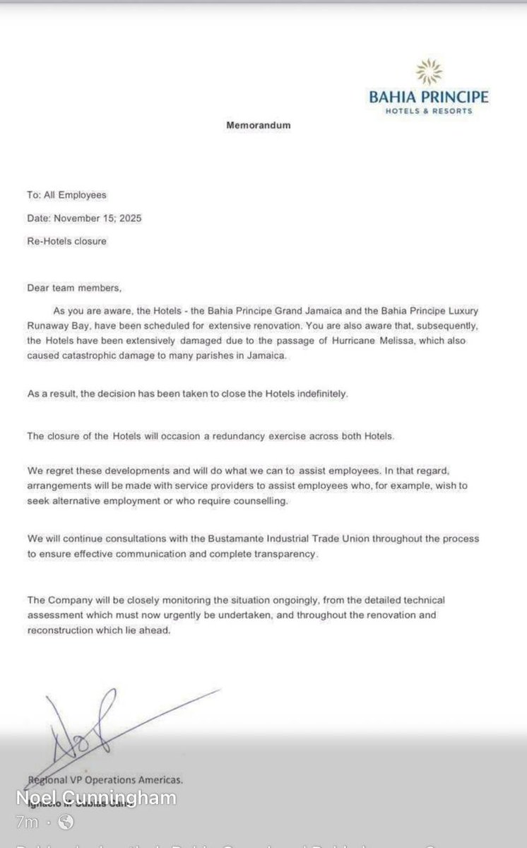 Bahia closing indefinitely therefore making staff redundant. A blow to tourism prospects.