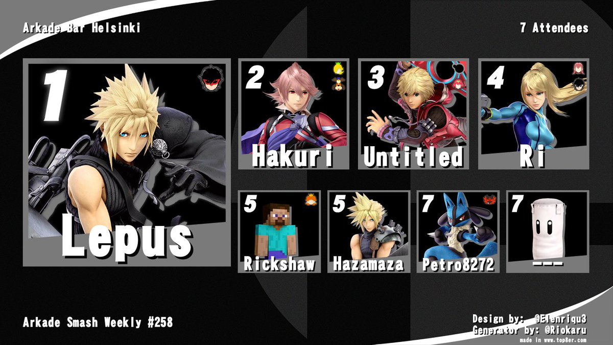 Arkade Smash Weekly #258 results!   
Congratulations to Lepus for winning the bracket!