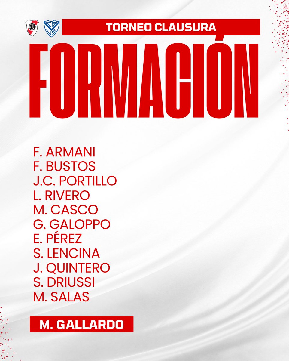 Los 11 de River para enfrentar a Vélez. ¡Vamos River! ⚪️🔴⚪️