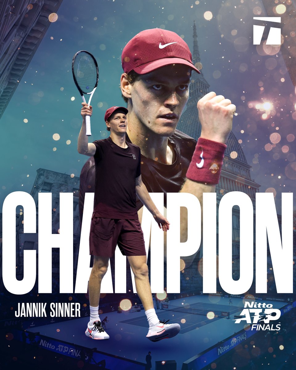 TennisChannel's tweet image. JANNIK SINNER REIGNS SUPREME IN TURIN 👑 

@janniksin just beat Carlos Alcaraz to win his second straight ATP Finals title 😱 

#nittoatpfinals