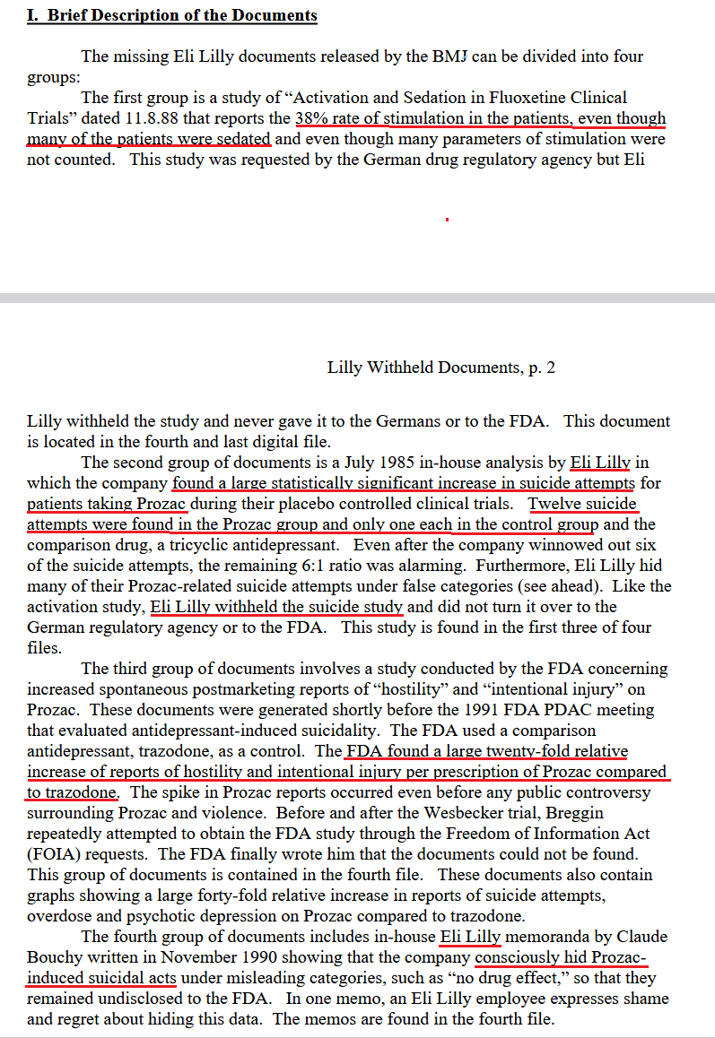 2005 Wesbecker Case data leak (Prozac)
Peter R. Breggin report
Eli Lilly knew Prozac caused:

- 38% increase in activation
- 12 suicide attempts vs 1 in control group
- 20x increase in hostility vs trazodone group
- Eli Lilly hid and mislabelled suicide attempts

⬇️link