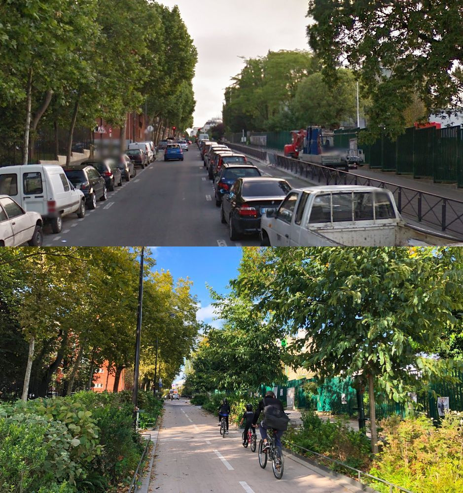 Avant / Après la piste cyclable et la verdure à la place de la route Rue le Vau dans le 20ème arrondissement de Paris. Il y a peu de repères mais c'est bien le même endroit, cf les arbres à gauche et le bâtiment orange derrière.