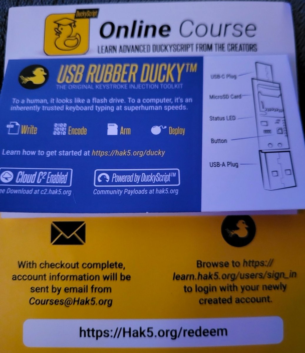 Raz_Pie's tweet image. USB Rubber Ducky, Payload Studio, Online DuckyScript Course, E-Book for $100 #duckyscript #hak5 #USBrubberDucky
@hak5