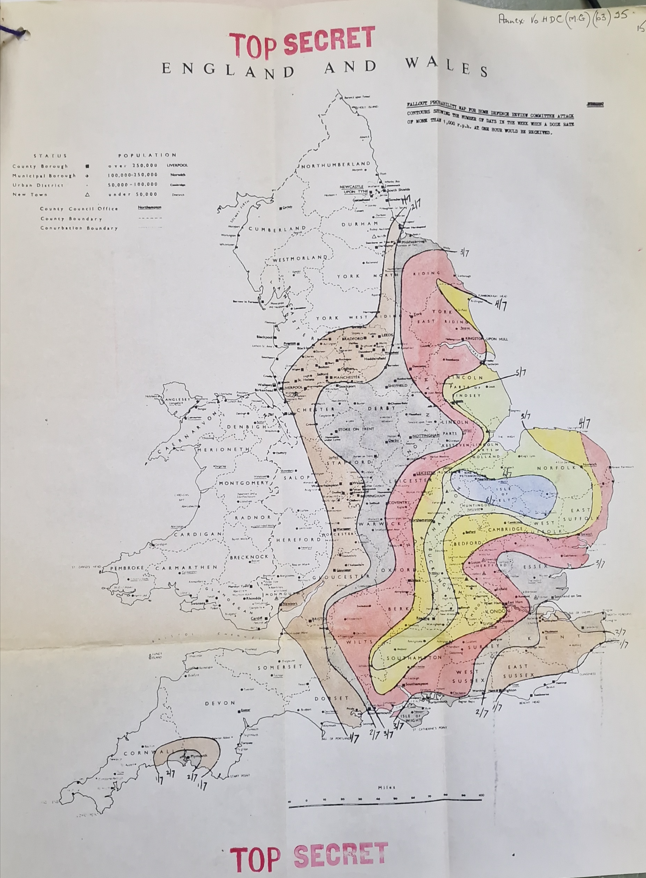 pinstripedline's tweet image. A Government map, showing graphically the days in a week after a significant nuclear attack on the UK where fallout would exceed 1000 rotogens per hour - sufficient for a dose to kill someone within hours. 

Post attack, millions of survivors would die within the first week.