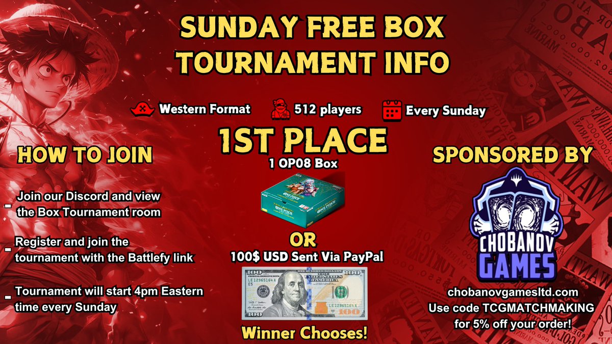 TCGMatchMaking's tweet image. 🏆 Sunday Free Weekly Box Tournament starts in 30 minutes! 🏆

🎁 Prize: OP08 Box or $100 USD PayPal
🧩 Format: Sim – OP13 | Single Elim (Roger promo &amp;amp; similar banned)
📍 Played on Battlefy.com
🗒️ Registration + Decklist links here:➡️ discord.com/channels/11114…

🔥 Daily…