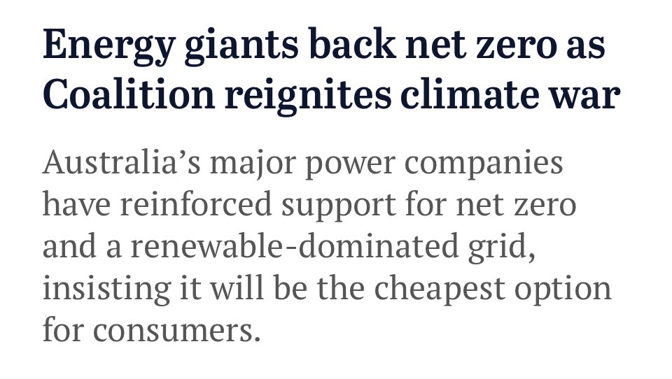 adamnicotera's tweet image. Australia’s biggest energy companies have reinforced their support for the government’s 2050 net zero target

Warned that failing to embrace renewables will only send power bills higher, contradicting a key Coalition argument as it fights to wind back climate action.

#auspol