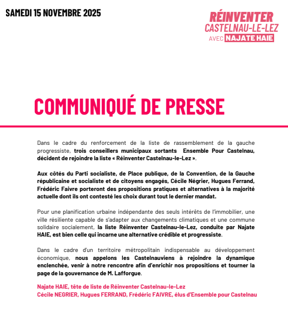 👉Excellente nouvelle dans le cadre du renforcement du rassemblement des progressistes sur notre commune!

👉3 élus sortants d'Ensemble Pour Castelnau (EPC) nous rejoignent à leur tour après le soutien du <a href="/PScastelnau34/">PS-Castelnau-le-Lez - Gauche métropolitaine</a> de <a href="/34PlacePublique/">Place Publique Hérault</a> de <a href="/LaConventionBC/">La Convention</a> et de <a href="/Gauche_RS34/">Gauche Républicaine & Socialiste 34</a> !