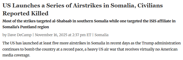 US Launches a Series of Airstrikes in Somalia, Civilians Reported Killed

<a href="/DecampDave/">Dave DeCamp</a> 

The US has launched at least five more airstrikes in Somalia in recent days as the Trump administration continues to bomb the country at a record pace, a heavy US air war that receives