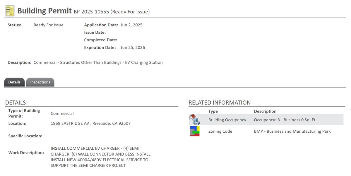MarcoRPi1's tweet image. PepsiCo is planning to build a new Semicharger in Riverside, California!

Permits have been filed for the addition of 4 Semichargers, plus 6 wall connectors at the company&apos;s distribution center on Sycamore Canyon Blvd.

The installation is set to include battery storage.