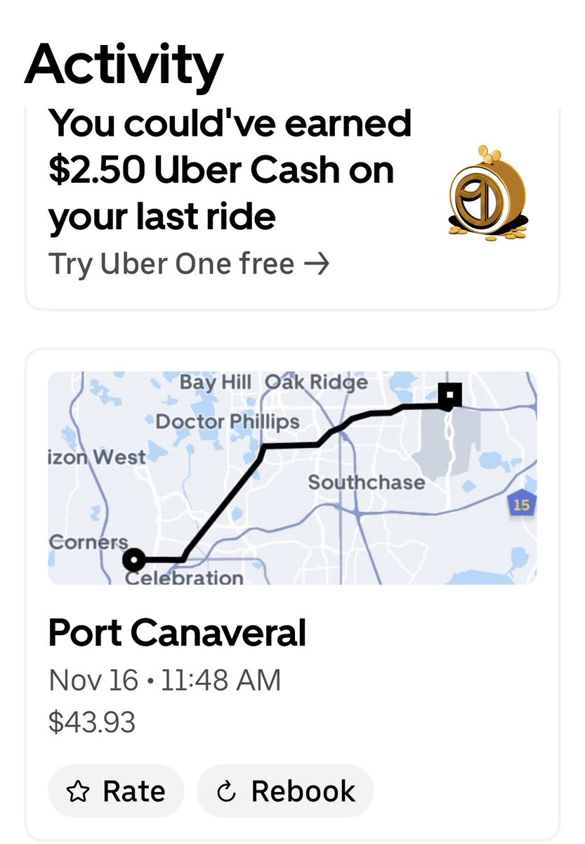 Almost missed my cruise because <a href="/Uber/">Uber</a> dropped me off at the airport instead of Port Canaveral wtf! 

Had to pay an additional $100 for other means of transportation getting there.

<a href="/Uber_Support/">Uber Support</a> can you help out