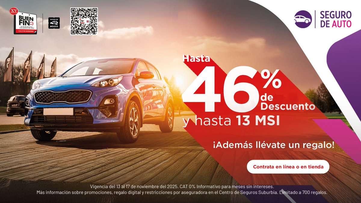 Cada kilómetro importa 🚗 asegura tu auto este Buen Fin y maneja con total tranquilidad.
Contrata en tienda o en línea 👇🏻
cotizador.suburbia.com.mx