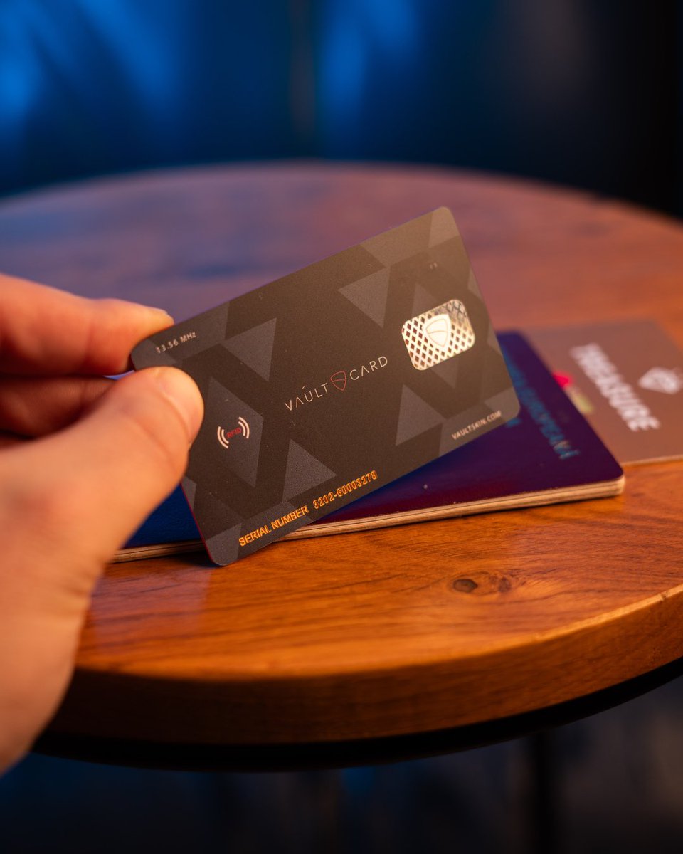 Vaultskin's tweet image. Ultra-slim, always-on shield against RFID skimming. Slip VAULTCARD into your wallet or passport and its jamming tech blocks unwanted scans. Perfect for everyday carry and travel. ✈️💳 #vaultcard #vaultskin #rfidblocking #walletessentials #everydaycarry #travelsmart