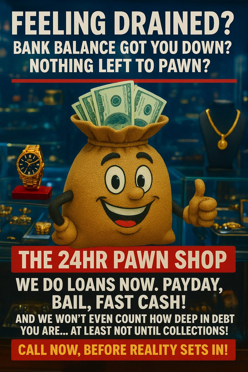 CrackDen's tweet image. Feeling broke?
Out of options?
The 24HR Pawn Shop has your back!

💵 Payday loans
💰 Bail money
⚡ Fast cash — no questions asked!

Call now, before reality sets in!

#SecondLife #TheCrackDen #Roleplay #Metaverse
