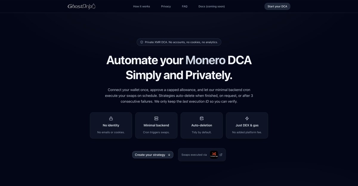 babysolo_'s tweet image. Monero is getting harder to access.

So, I’m launching GhostDrip.
A small project, but one I’m proud of.

It automates DCA into $XMR no KYC.

Every DCA platform wants your ID.
GhostDrip is the first one that doesn’t.

We deserve tools that respect privacy.
ghostdrip.xyz
