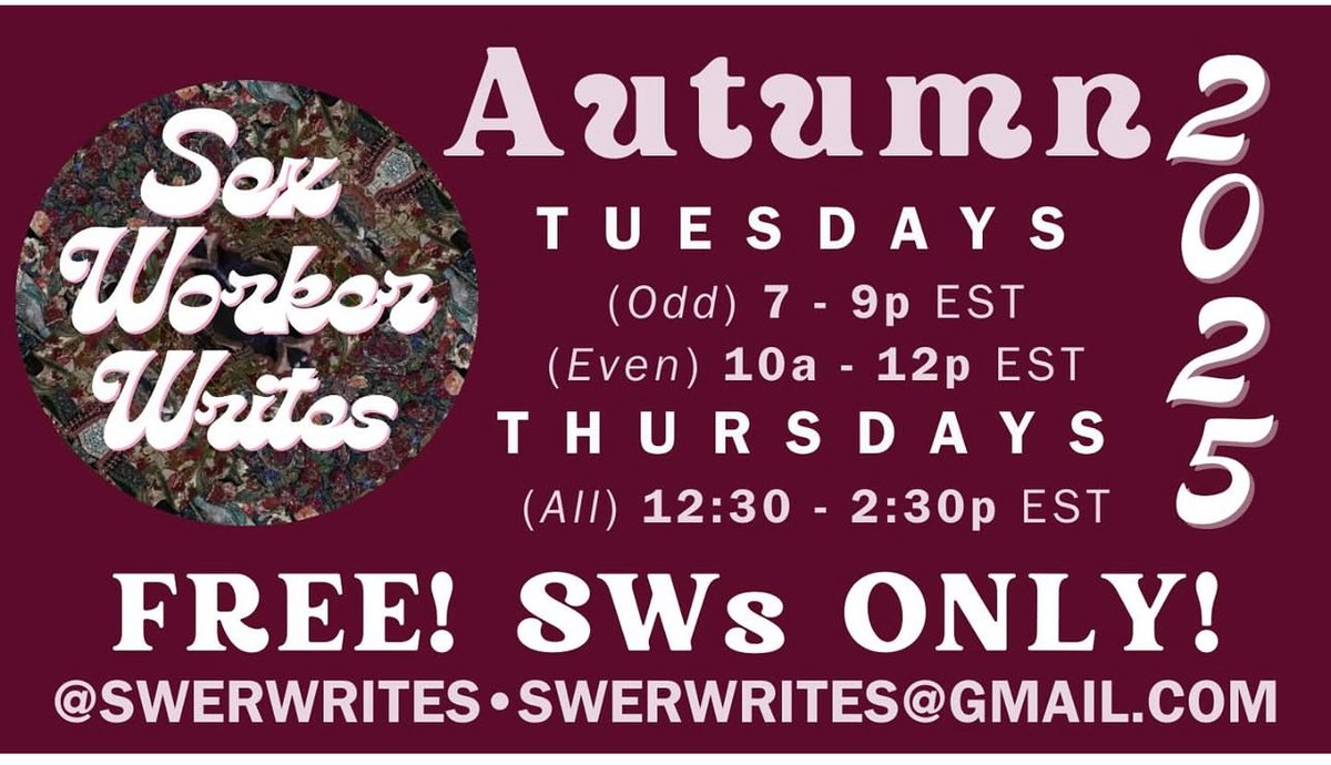 AuthenticDiana's tweet image. Deep #Gratitude to @SWerWrites for holding space for #SWCommunity!

Writing group for SW!
📆 Each Thursday
🔗 RSVP: swerwrites@gmail.com

#SexWorkIsWork #SexWork  #Community #SWTribe #Connection