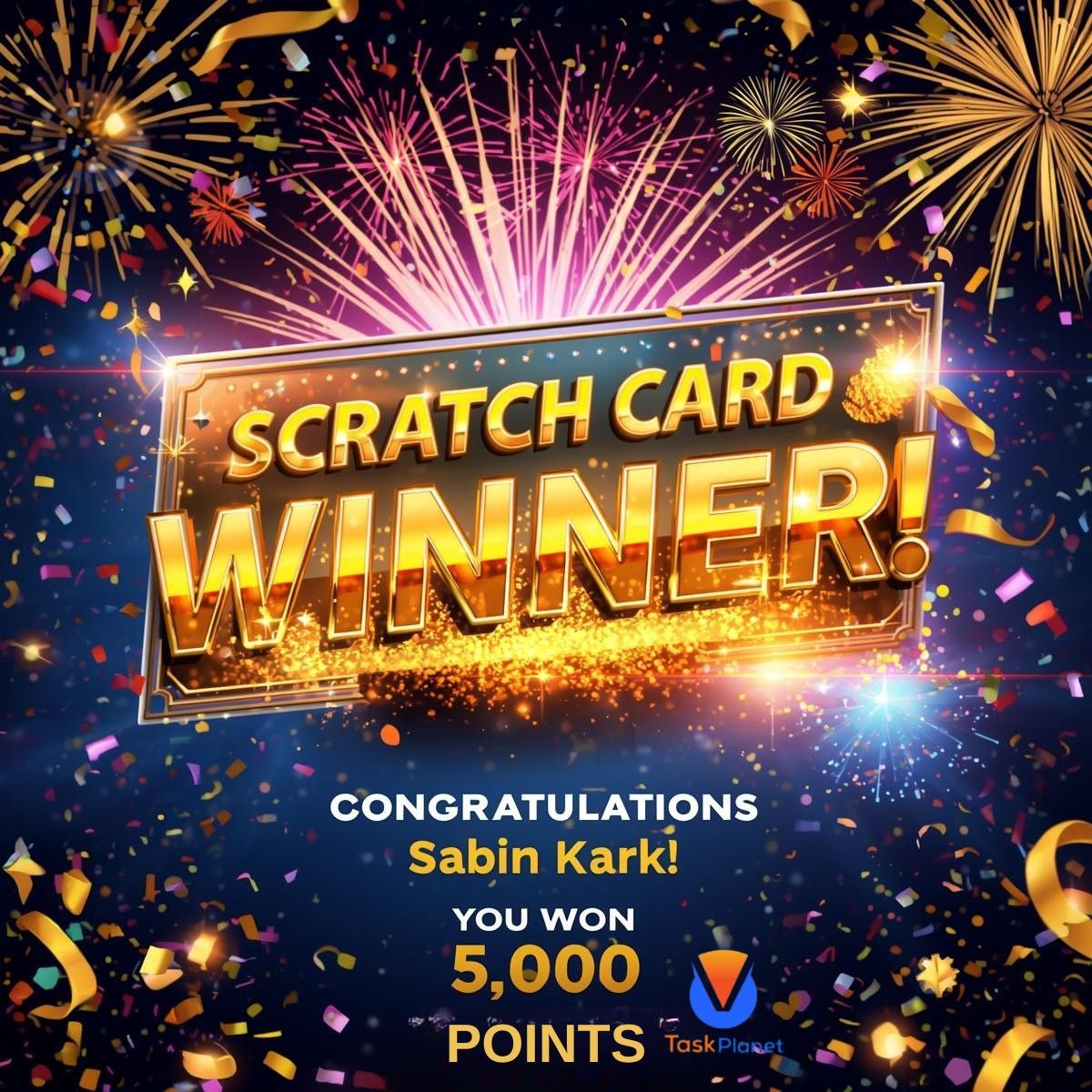 taskplanetpro's tweet photo. 🎉🔥 Congratulations, Sabin Karki!
Your scratch card just revealed a massive 5000 Points!
Feeling the luck? Your turn could be next… 👀✨
#ScratchCardWinner #5000Points #LuckyWinner #PlayAndWin https://t.co/mo8hArA4CS