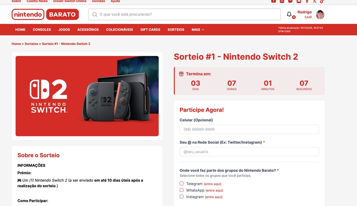 Faltam apenas 3 dias para o sorteio do nintendo Switch 2!

- Participe: nintendobarato.com.br/sorteios/sorte…
- Deixe um RT aqui neste post <3