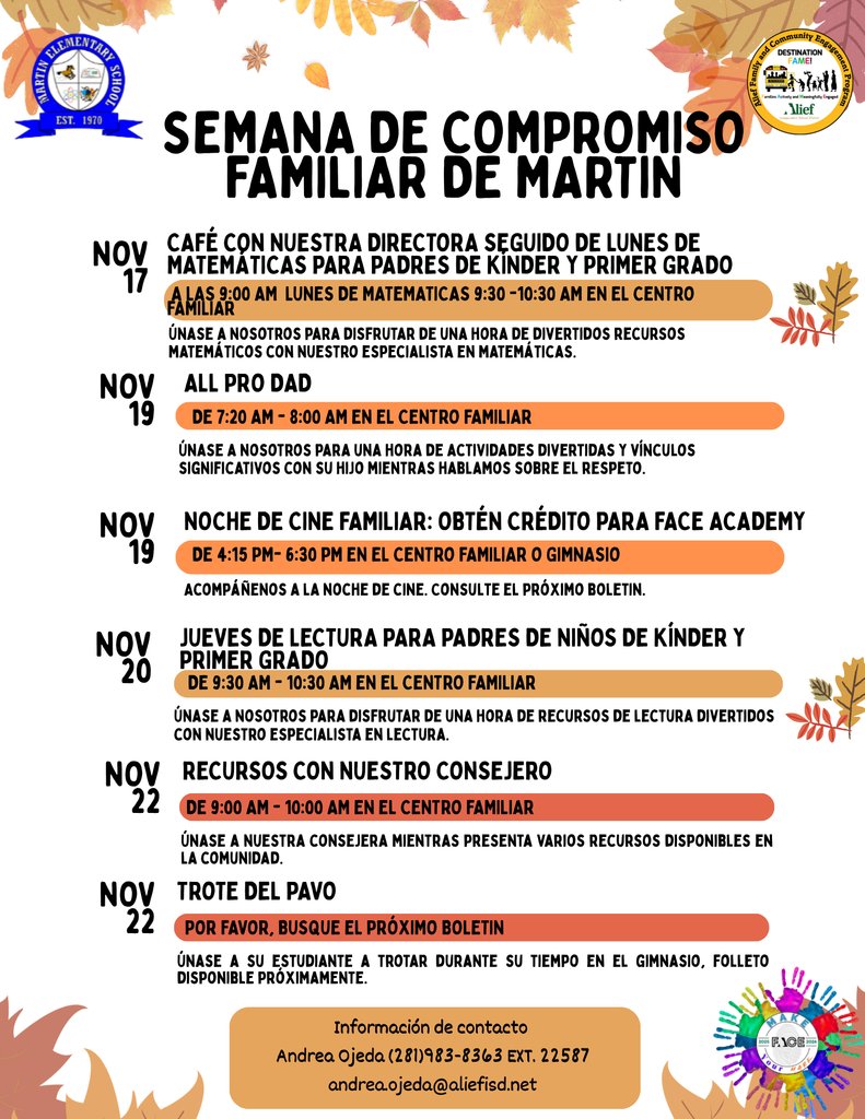 🍁 Martin Family Engagement Week is almost here! 🍁
Take a look at the flyer to see all the dates and details. We can’t wait to connect, learn, and celebrate together! 💙📚👨‍👩‍👧‍👦