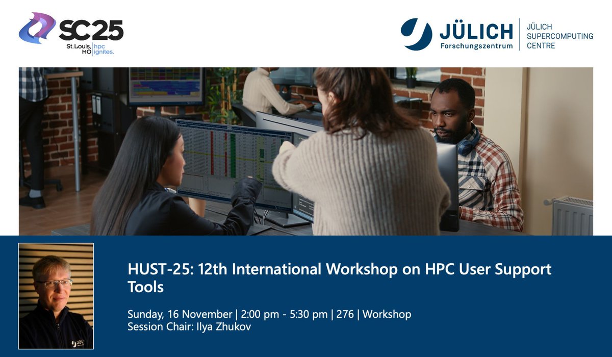 fzj_jsc's tweet image. 💡 Workshop: HUST-25: 12th International Workshop on HPC User Support Tools 
Forum for sys admins, user support teams, tool devs &amp;amp; end users – best practices, user support tools &amp;amp; ideas to streamline user support
➡️ sc25.conference-program.com/session/?sess=… 
#SC25 #HPCignites #HPC4Germany