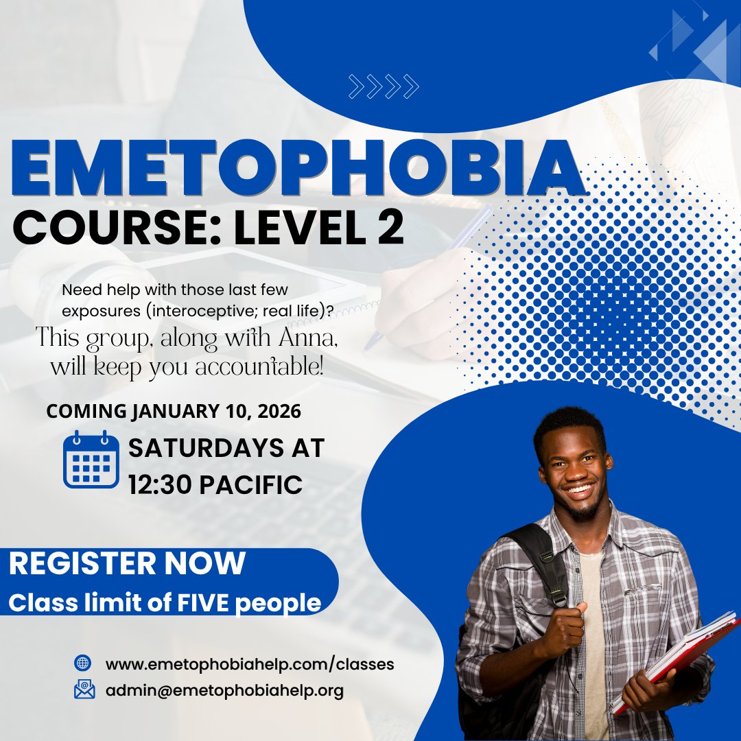EmetHelp's tweet image. Still working on your #emetophobia? Anna Christie offers 6 classes over 12 weeks. In class, you’ll plan and be held accountable for those tricky interoceptive exposures and more. Classes begin Jan. 10th, 2026. Class size is limited to 5, so register now. https://link.conte...