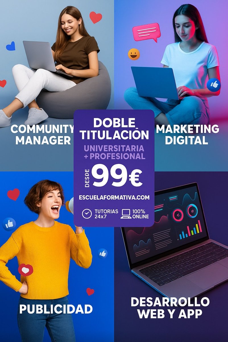 EscuelaIntForm's tweet image. 🚀 Fórmate en las profesiones digitales más demandadas‼️

🎓 Doble Titulación Universitaria + Profesional
💶 Desde 99 €
👩‍🏫 Tutorías 24/7 | 💻 100% Online

      👉 escuelaformativa.com

 #MarketingDigital #DesarrolloWeb #Publicidad #CommunityManager #app #curso #formación