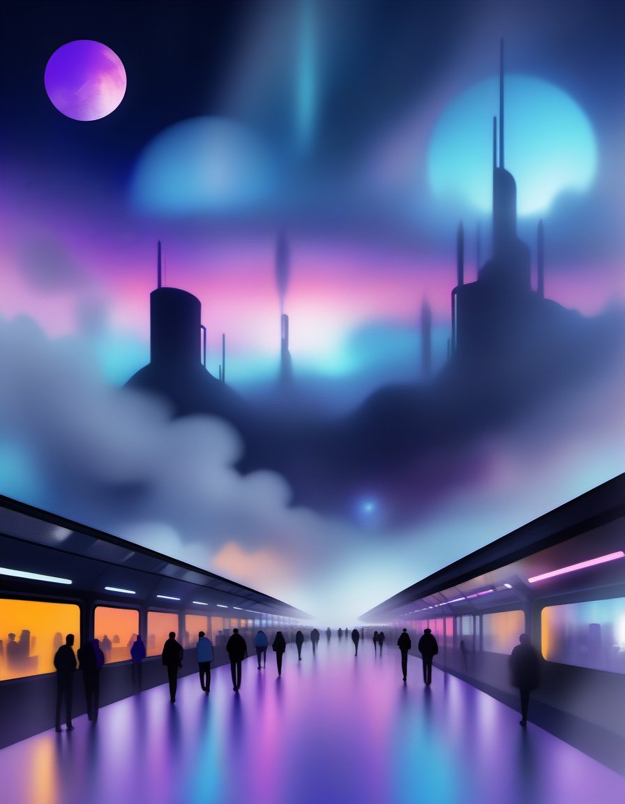 andy_corah's tweet image. A style I have developed further; 
I'm not sure what to call it.  🙂

Reflections Toward Tomorrow: 🚆
We walk on light to parts unknown, 
A silent crowd, yet all alone. 
#ConceptArt #Futurism