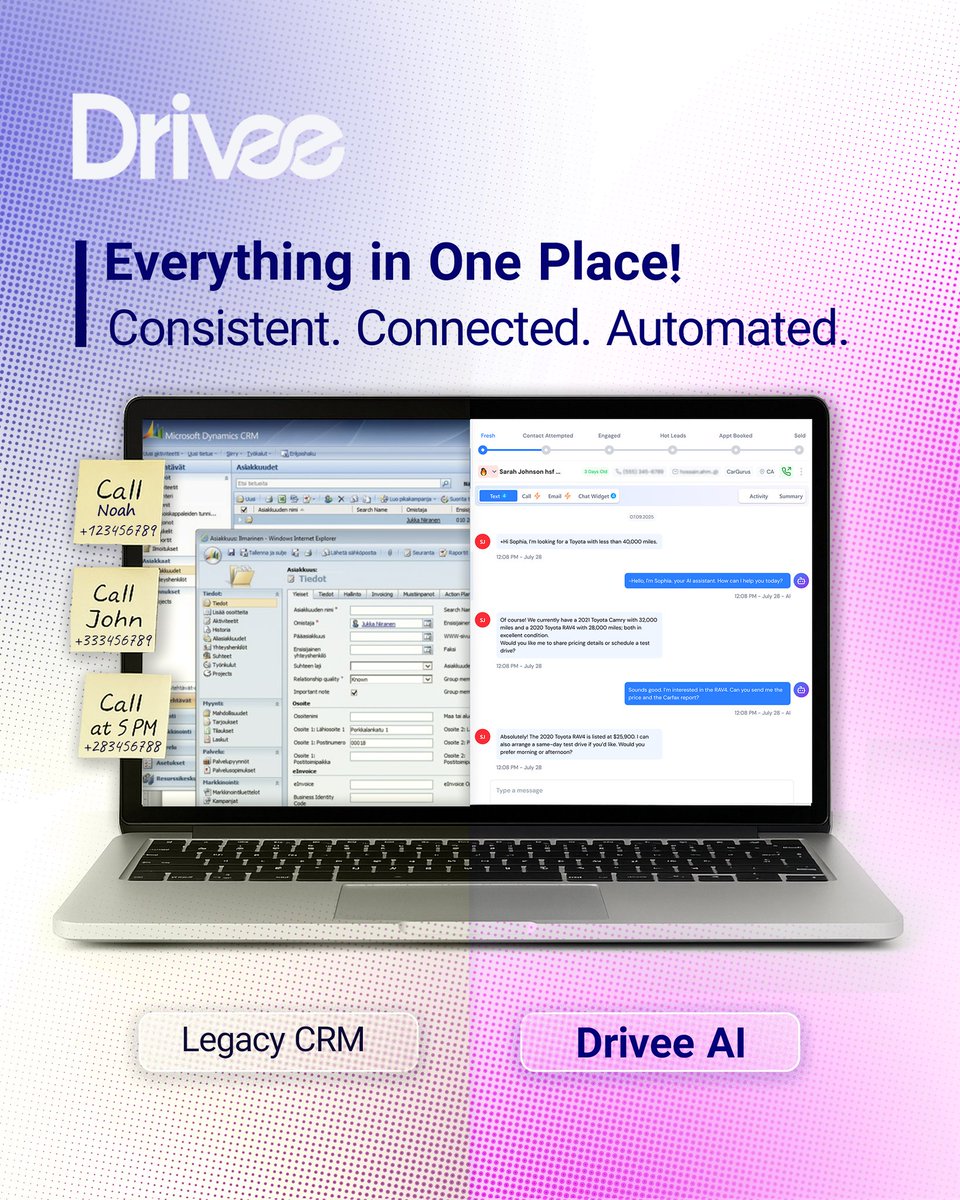 drivee_ai's tweet image. Drivee AI is your always-on sales assistant — organized, responsive, and never forgets a lead.
This is what modern dealerships run on.🚗✨
Drivee.ai 
  #DriveeAI #AutoTech #SalesAutomation”