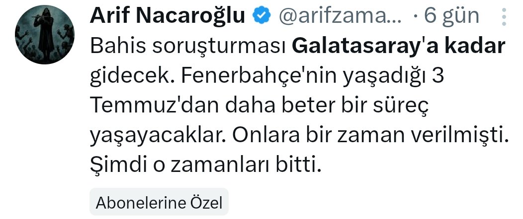 İstanbul Başsavcılığı az önce bahis soruşturmasının genişletileceğini duyurdu. Söylediğim gibi. Bu arada öngörülerimi artık abonelere özel sayfamda yazıyorum. Orada sadece üyeler var. Burada herkes. Her neyse. Profilimdeki "Abone ol" sekmesinden üye olabilirsiniz. Bu arada