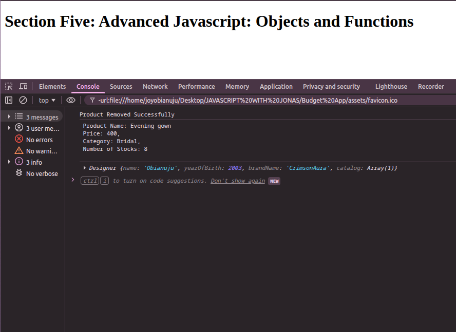 Obianuju_sunday's tweet image. Day 12 – #BackAtItWithJavaScript

Still loving constructors and classes.

Deepening my knowledge by building a Product + Designer system that works entirely in my console lol.💅

It adds, removes and list products.