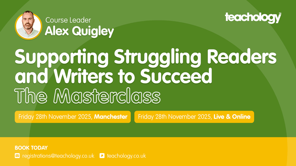 I'm excited for my NEW <a href="/TeachologyUK/">Teachology UK</a> masterclass on 'Supporting struggling readers and writers to succeed' later this month in Manchester (live + online too). 

It has lots of practical strategies, assessment approaches &amp; useful resources. Find out more: 

teachology-education.co.uk/struggling_rea…
