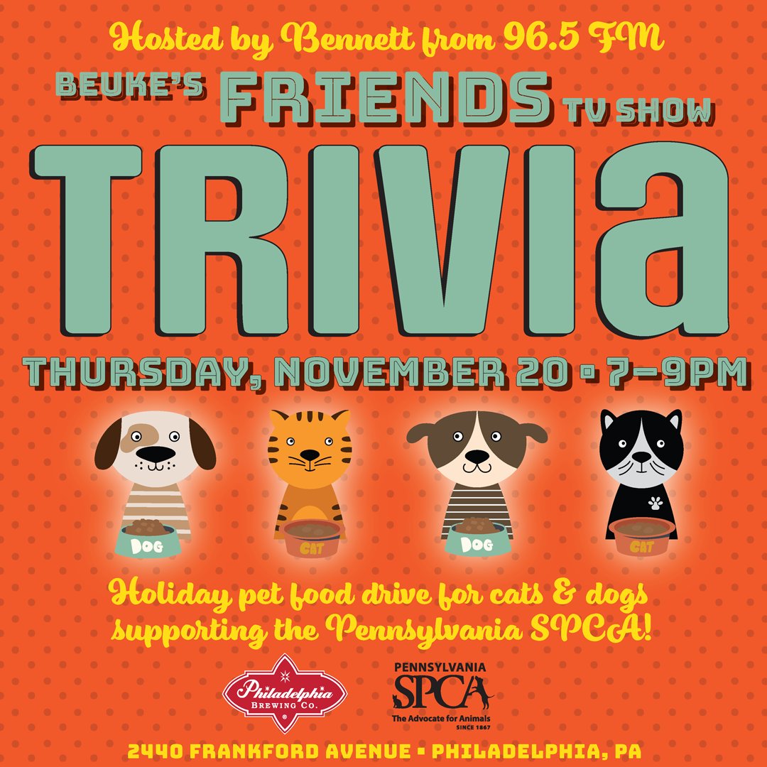 PSPCA's tweet image. 🎉 Get ready, Friends fans! 🎉

Join us for a Friends TV show trivia night hosted by The NEW 96.5&apos;s Michael Bennett! Bring your own friends, kick off the holiday season, and put your Ross, Rachel, Chandler, Monica, Phoebe, and Joey knowledge to the test.

Every ticket helps…