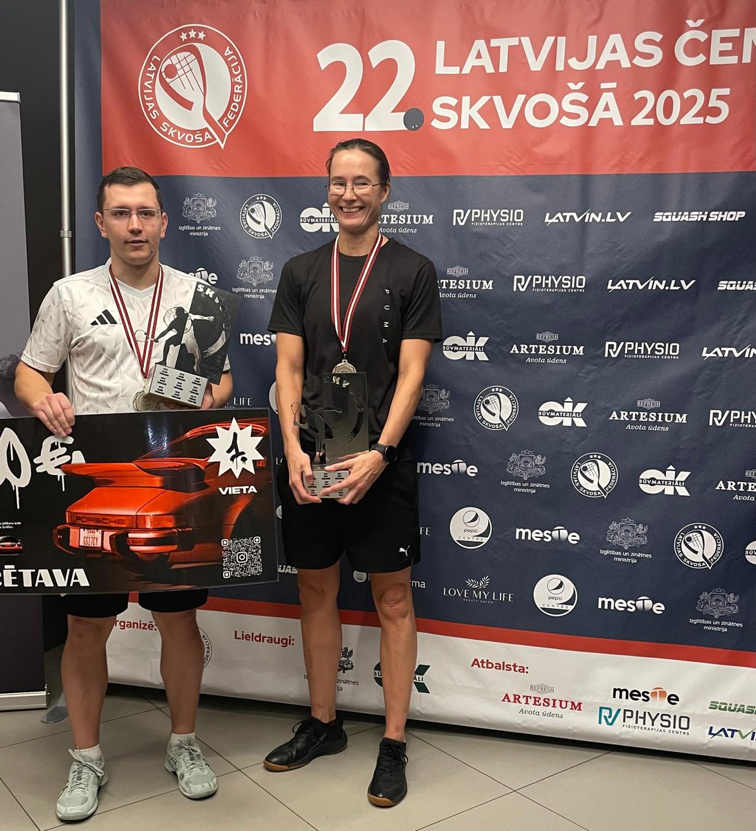prmail's tweet photo. Par Latvijas čempioniem skvošā šogad kļuvuši rīdzinieki Jānis Plūme un Laura Gaigala, vicečempionu lomā atstājot pērnā gada čempionus – rīdzinieku Andreju Sautinu un jelgavnieci Baibu Lulli. 
https://t.co/zXeR1iuIrk https://t.co/2zjTrgaFiF