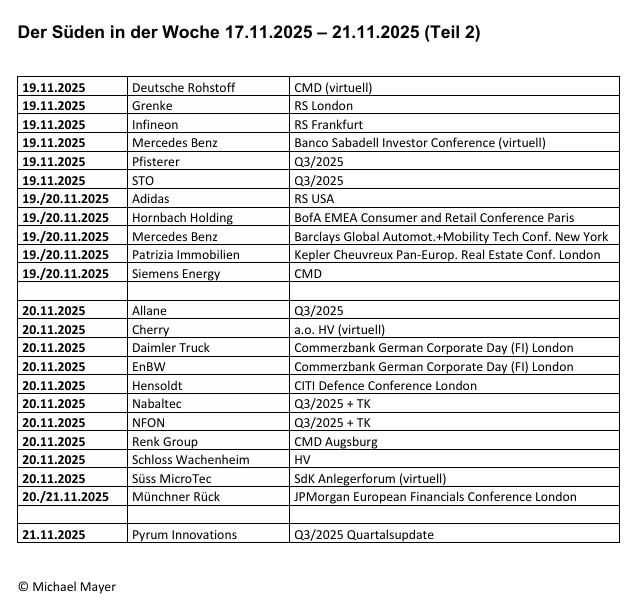 Papamicha007's tweet photo. Kleine Übersicht zu Terminen von Unternehmen aus #Süddeutschland für die kommende Woche. Reine Information, kein Anspruch auf Vollständigkeit, keine Gewähr! DARF GERNE RE-TWEETET WERDEN :-) #Termine #Kalender #Kapitalmarkt #Börse #Aktien #thinkglobalinvestlocal https://t.co/c31NNMH83z