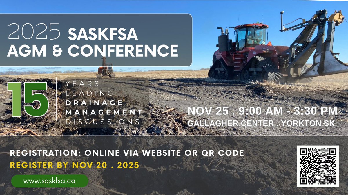 Do you believe responsible drainage is business risk management for your farm? 👉 Register now - saskfsa.ca/events/saskfsa…

Gain new tools for your water management toolbox, get the latest policy updates, connect with like-minded farmers, and ensure your voice is part of the