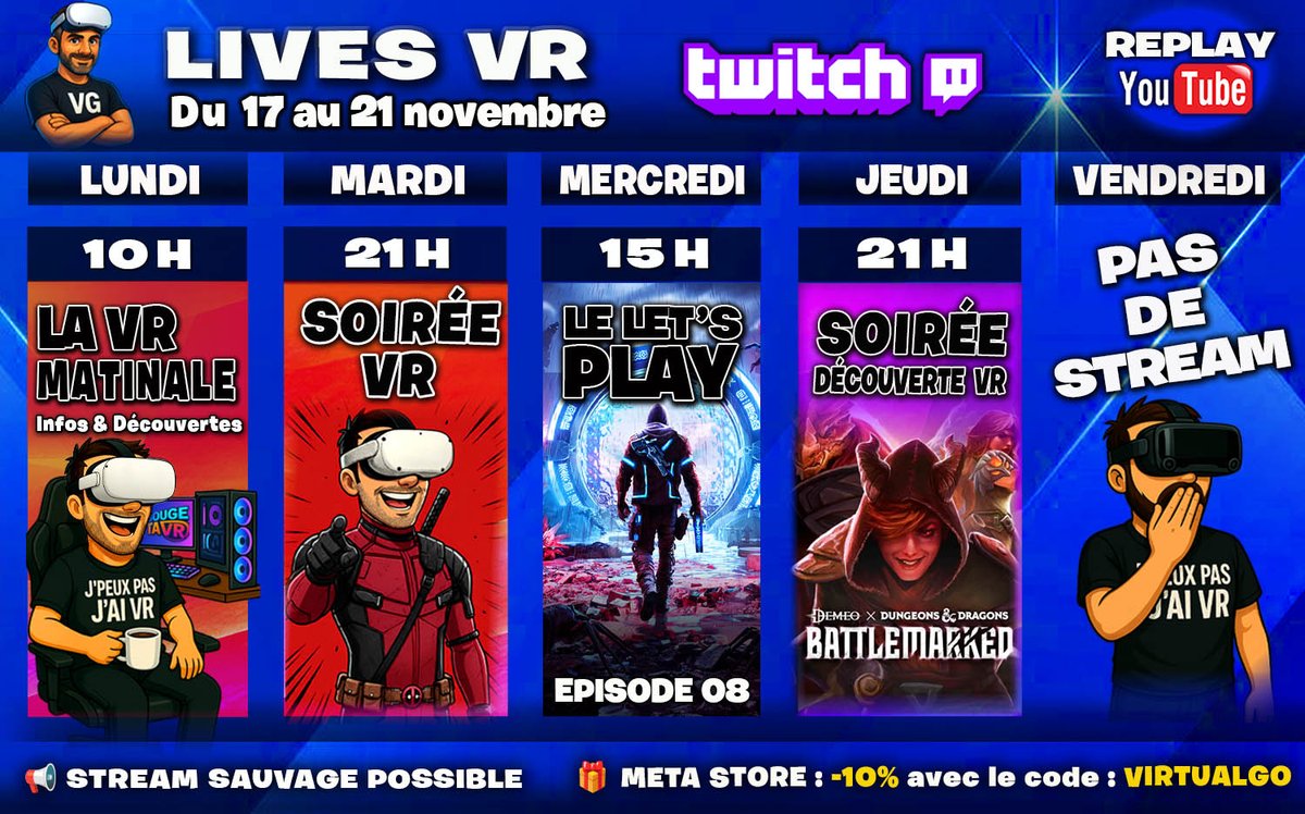 virtualgo34's tweet image. 📢   Salut à TouteZetaTousse ! 
⏰   PLANNING du 17 au 21 Novembre
🔴   Mes réseaux et Boutiques : linktr.ee/VirtualGo
🎁   -10% sur META QUEST Store / Code Promo : VIRTUALGO

#vr #virtualgo #Metaquest3 #Pico4Ultra #psvr2 #pcvr #twitchfr #YouTube
