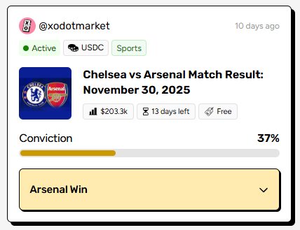darvik99's tweet photo. Chelsea vs Arsenal is on November 30 🔥
I checked @xomarket to see what people think.
Most people are picking Arsenal to win (37%).
Let’s see who actually takes it
If you want, you can put your own prediction there too
https://t.co/K4ikClHffM https://t.co/WLNTnYy78N