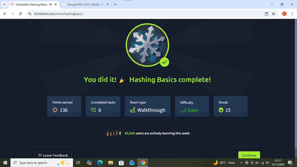 dvniel_exe's tweet image. Day 66 of 100 ⚜️ 
Today was all about hashing. How hashes work. Hashing functions. Using hashes to store passwords. Identifying hash types and other stuff 
#100DaysOfCybersecurity #tryhackme #pleaselike