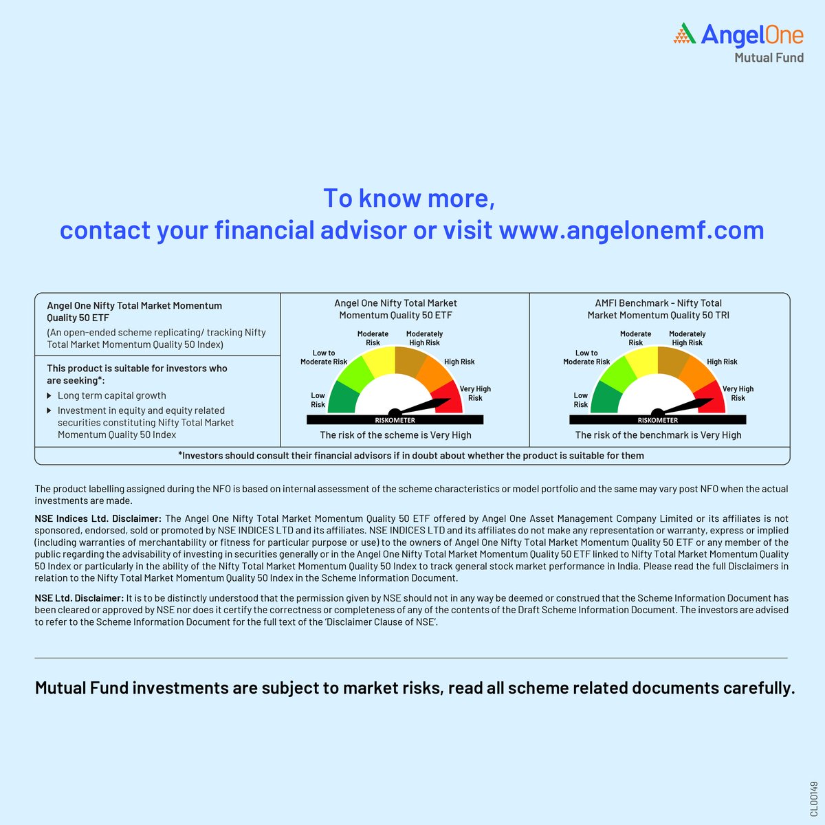 Don’t miss the last chance to Invest in Angel One Nifty Total Market Momentum Quality 50 ETF. 
NFO closes today.

To apply, click angelonemf.com/nfo/etf

Mutual fund investments are subject to market risks, read all scheme related documents carefully.
#NFO #SmartBeta #ETF