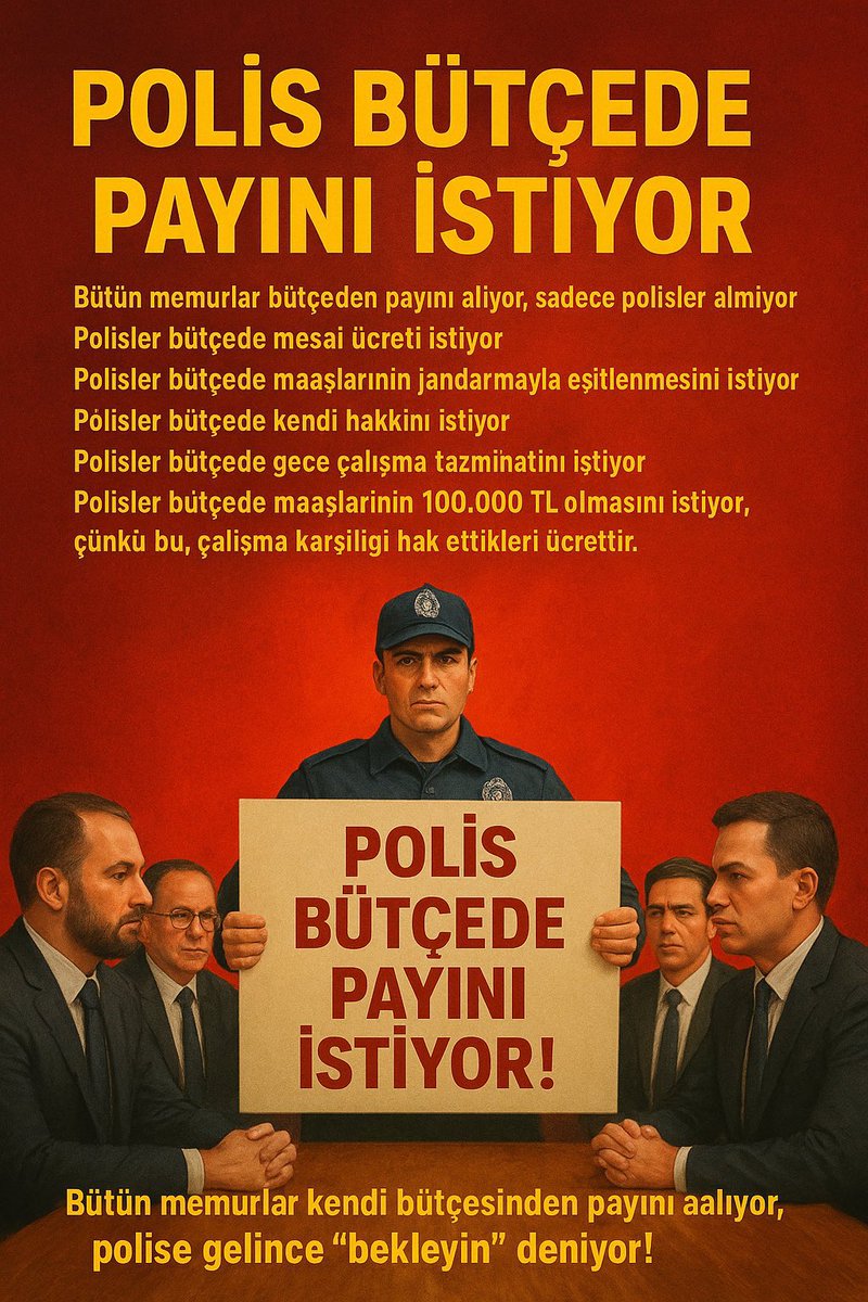 Polis bütçede payını istiyor. 
Polisler bütçede maaşlarının 100.000 TL olmasını istiyor  #PolisSorunlarıMeclise