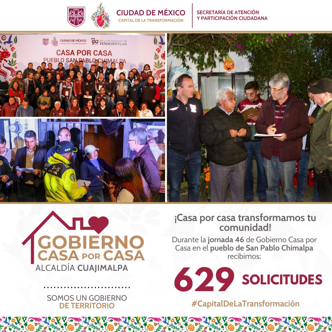 SAPCI_CDMX's tweet image. En la jornada 46 de #CasaXCasa, estuvimos en San Pablo Chimalpa, Cuajimalpa, donde se recibieron 629 solicitudes y se brindaron 1,398 atenciones, fortaleciendo la cercanía y la respuesta directa a vecinas y vecinos.

#CapitalDeLaTransformación