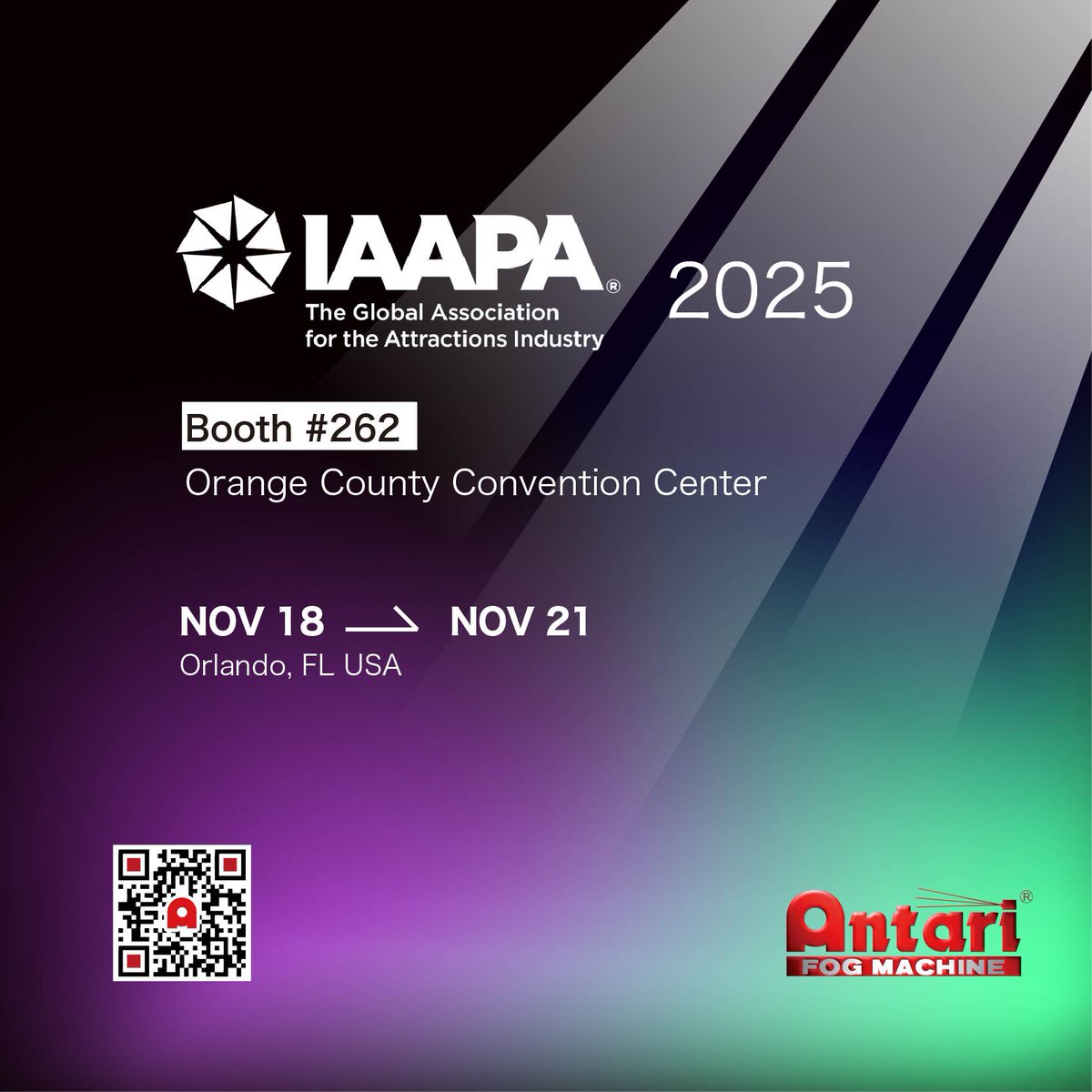 AntariOfficial's tweet photo. 🌟 We’re heading to #IAAPA2025 in Orlando! 🌟

📍 Booth #262 | 📅 Nov 18–21 | 🏢 Orange County Convention Center
Experience the magic of Antari fog &amp; effects live! 🌫️✨ 
See you there! 🇺🇸

#antari 
#specialfx 
#fogmachine https://t.co/BbQESqA749