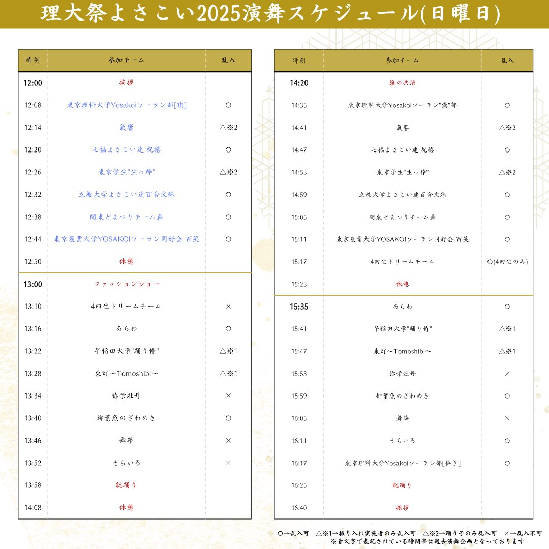 【演舞TT＆乱入可否公開】
理大祭よさこい2025の演舞スケジュールを発表いたします‼︎
⚠️中庭ステージは土曜日のみの開催となります
 #東京理科大学Yosakoiソーラン部 
 #理大祭よさこい
 #理大祭
 #よさこい
