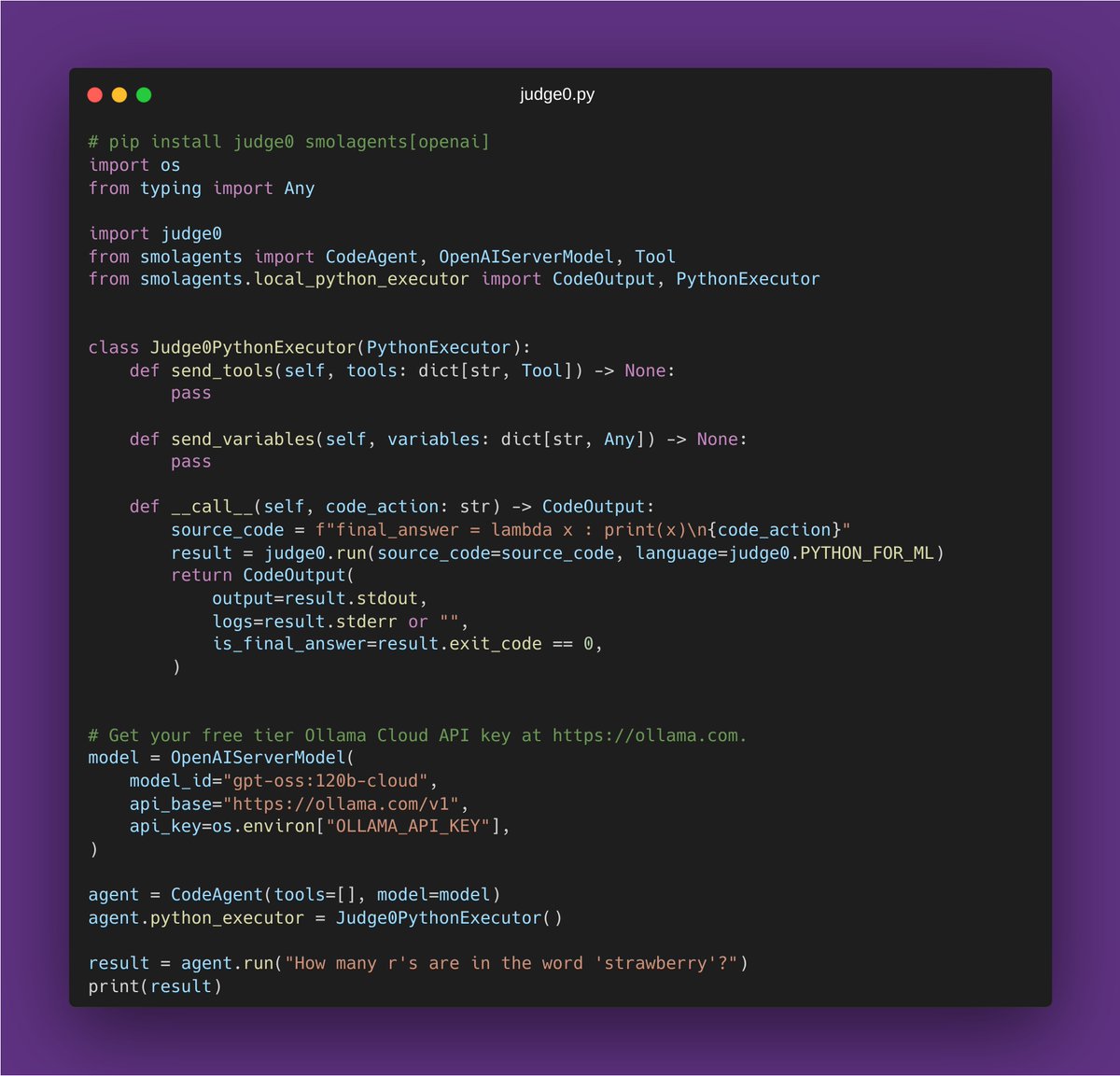 hermanzvonimir's tweet photo. Using @huggingface smolagents with @ollama and @Judge0HQ

Works out of the box, just grab your free tier API key for Ollama Cloud at https://t.co/idkq7g9jaD

c/p this example from https://t.co/z52dcANqMy https://t.co/vAi03DiLcF
