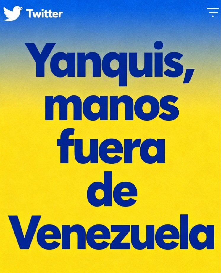 Repetimos....

Yanquis, manos fuera de #Venezuela

#VenezuelaNoEstáSola 
#CubaConVenezuela 

#DeZurdaTeam
<a href="/DeZurdaTeam_/">DeZurdaTeam 📳</a>