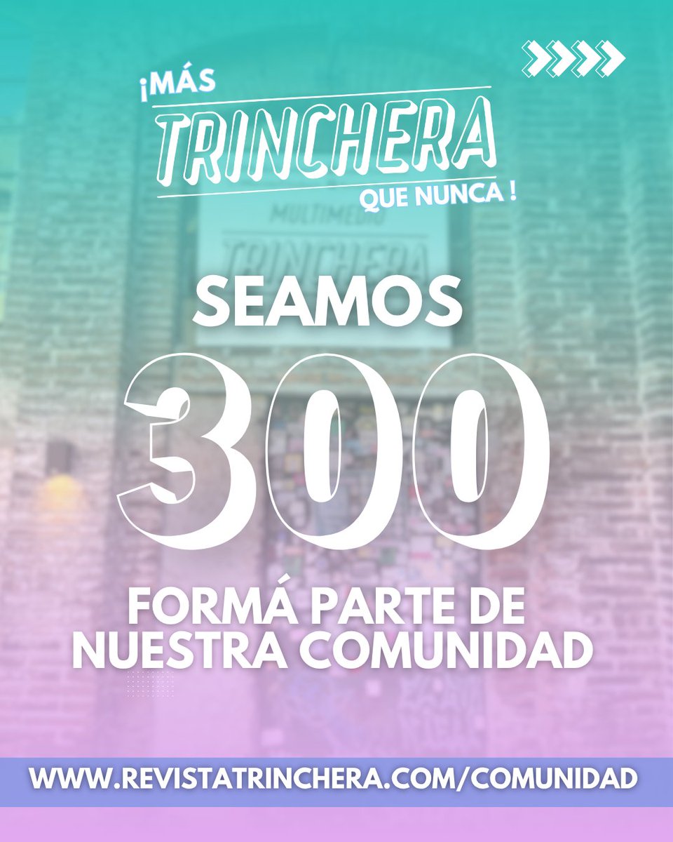 radio_trinchera's tweet photo. ¡SEAMOS 3️⃣0️⃣0️⃣!

🫂 Cada suscriptorx es la posibilidad de seguir creciendo, con tu aporte ayudas a fortalecer esta trinchera. https://t.co/WkMB9iqirO