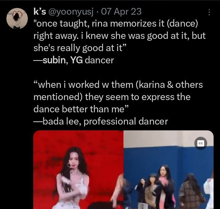 drwcatcher's tweet photo. a karina sendo elogiada por coreógrafos PROFISSIONAIS e inclusive pela hyoyeon main dancer do snsd mas pode deixar que o twitter com certeza sabe mais que qm trabalha com isso 👏 https://t.co/cLrSlSW2y2