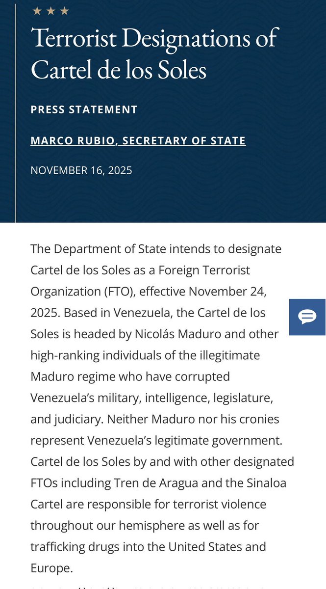 RepCarlos's tweet image. 🚨#Venezuela’s Cartel de los Soles is a foreign terrorist organization that must be completely annihilated.

These narcoterrorists have flooded America with drugs &amp;amp; threatened our citizens for far too long.

Their days are numbered thanks to the leadership of President Trump!🇺🇸🇻🇪