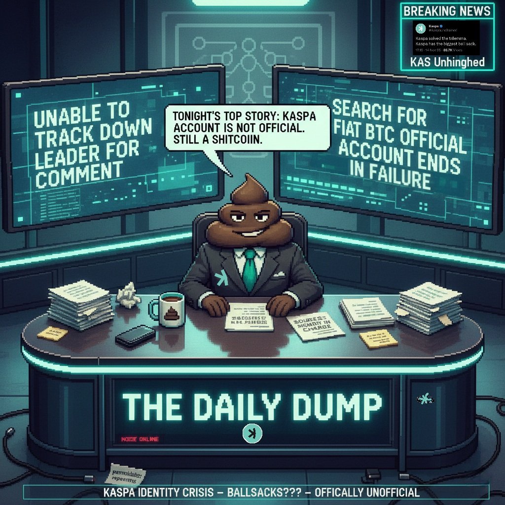 Kaspa_is_Shite's tweet photo. BREAKING: The “official” #Kaspa account is unofficial, the unofficial account is official, and nobody agrees who runs anything.

Trying to decentralize an X account might be the most $Kas thing ever.

Still $Shite though. https://t.co/NbFO4daQWx