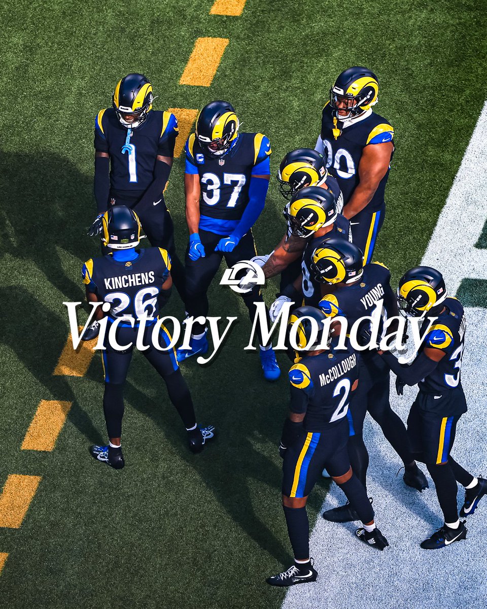 RamsNFL's tweet image. Repost if you&apos;re celebrating Victory Monday with us🙂‍↔️